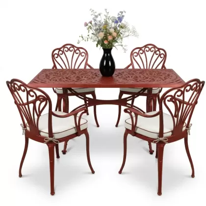 4 Kişilik alüminyum döküm masa sandalye seti, nostaljik ferforje balkon, bahçe mobilyası Renk Kiremit Kırmızısı