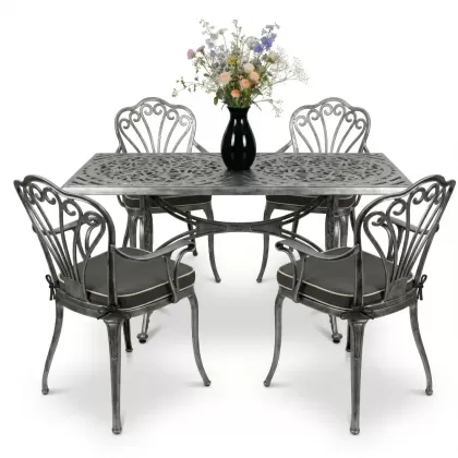 4 Kişilik alüminyum döküm masa sandalye seti, nostaljik ferforje balkon, bahçe mobilyası Renk  Gümüş Silver