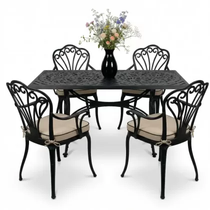 4 Kişilik alüminyum döküm masa sandalye seti, nostaljik ferforje balkon, bahçe mobilyası Renk  Siyah