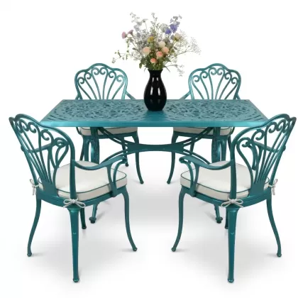 4 Kişilik alüminyum döküm masa sandalye seti, nostaljik ferforje balkon, bahçe mobilyası Renk Turkuaz