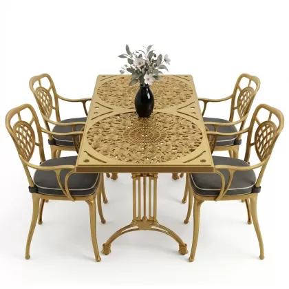 4 Kişilik alüminyum döküm masa sandalye seti, nostaljik ferforje balkon, bahçe mobilyası Renk Gold Altın