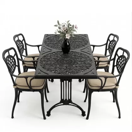 4 Kişilik alüminyum döküm masa sandalye seti, nostaljik ferforje balkon, bahçe mobilyası Renk  Siyah