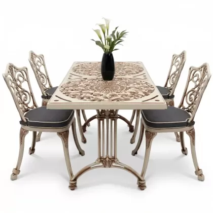 4 Kişilik alüminyum döküm masa sandalye seti, nostaljik ferforje balkon, bahçe mobilyası Renk Beyaz Eskitme