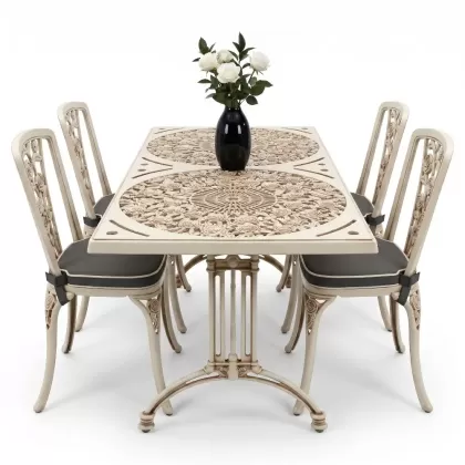 4 Kişilik alüminyum döküm masa sandalye seti, nostaljik ferforje balkon, bahçe mobilyası Renk Beyaz Eskitme