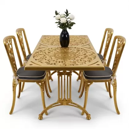 4 Kişilik alüminyum döküm masa sandalye seti, nostaljik ferforje balkon, bahçe mobilyası Renk Gold Altın