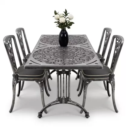 4 Kişilik alüminyum döküm masa sandalye seti, nostaljik ferforje balkon, bahçe mobilyası Renk  Gümüş Silver