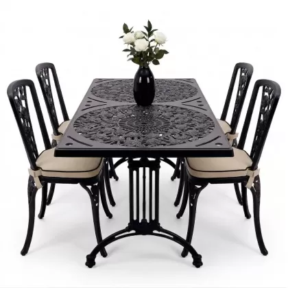 4 Kişilik alüminyum döküm masa sandalye seti, nostaljik ferforje balkon, bahçe mobilyası Renk  Siyah