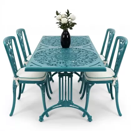 4 Kişilik alüminyum döküm masa sandalye seti, nostaljik ferforje balkon, bahçe mobilyası Renk Turkuaz