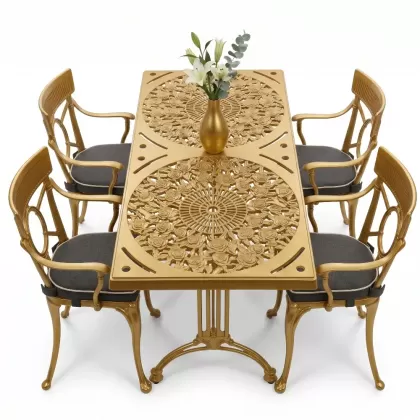 4 Kişilik alüminyum döküm masa sandalye seti, nostaljik ferforje balkon, bahçe mobilyası Renk Gold Altın