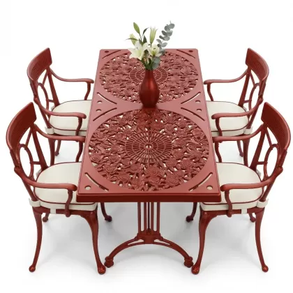 4 Kişilik alüminyum döküm masa sandalye seti, nostaljik ferforje balkon, bahçe mobilyası Renk Kiremit Kırmızısı