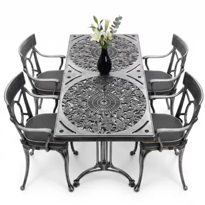 4 Kişilik alüminyum döküm masa sandalye seti, nostaljik ferforje balkon, bahçe mobilyası Renk  Gümüş Silver