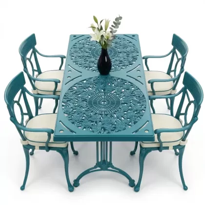 4 Kişilik alüminyum döküm masa sandalye seti, nostaljik ferforje balkon, bahçe mobilyası Renk Turkuaz