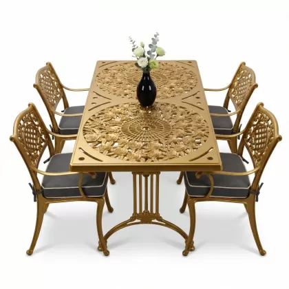 4 Kişilik alüminyum döküm masa sandalye seti, nostaljik ferforje balkon, bahçe mobilyası Renk Gold Altın