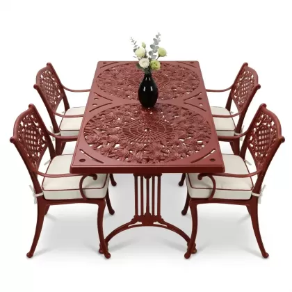 4 Kişilik alüminyum döküm masa sandalye seti, nostaljik ferforje balkon, bahçe mobilyası Renk Kiremit Kırmızısı