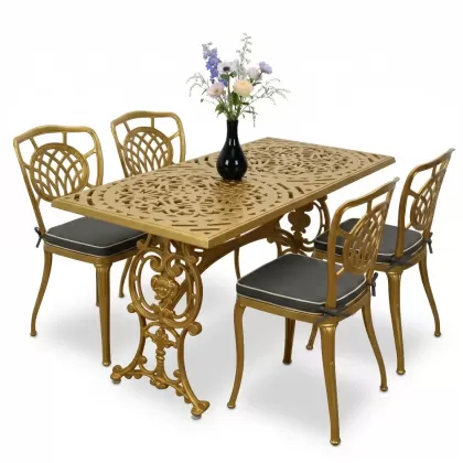 4 Kişilik alüminyum döküm masa sandalye seti, nostaljik ferforje balkon, bahçe mobilyası Renk Gold Altın