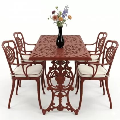 4 Kişilik alüminyum döküm masa sandalye seti, nostaljik ferforje balkon, bahçe mobilyası Renk Kiremit Kırmızısı