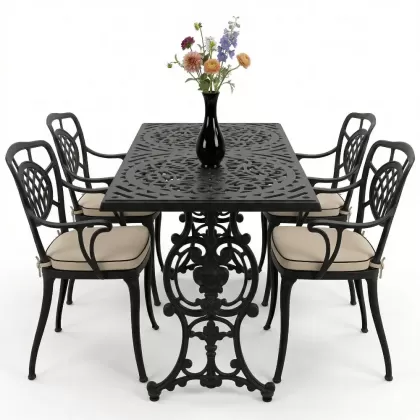 4 Kişilik alüminyum döküm masa sandalye seti, nostaljik ferforje balkon, bahçe mobilyası Renk  Siyah