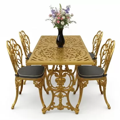 4 Kişilik alüminyum döküm masa sandalye seti, nostaljik ferforje balkon, bahçe mobilyası Renk Gold Altın