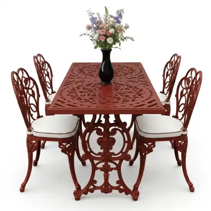 4 Kişilik alüminyum döküm masa sandalye seti, nostaljik ferforje balkon, bahçe mobilyası Renk Kiremit Kırmızısı