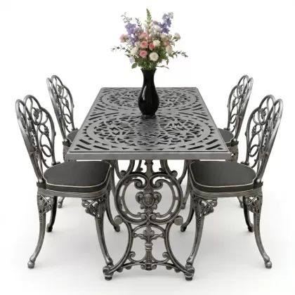 4 Kişilik alüminyum döküm masa sandalye seti, nostaljik ferforje balkon, bahçe mobilyası Renk  Gümüş Silver