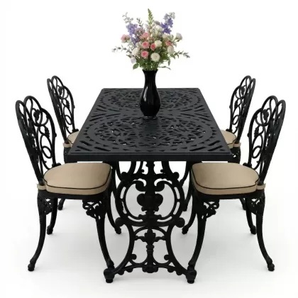 4 Kişilik alüminyum döküm masa sandalye seti, nostaljik ferforje balkon, bahçe mobilyası Renk  Siyah