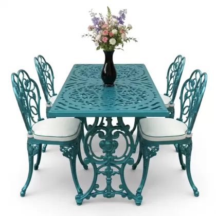 4 Kişilik alüminyum döküm masa sandalye seti, nostaljik ferforje balkon, bahçe mobilyası Renk Turkuaz