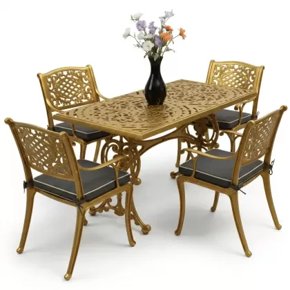 4 Kişilik alüminyum döküm masa sandalye seti, nostaljik ferforje balkon, bahçe mobilyası Renk Gold Altın