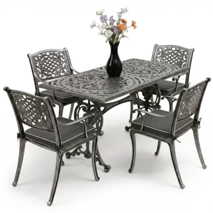 4 Kişilik alüminyum döküm masa sandalye seti, nostaljik ferforje balkon, bahçe mobilyası Renk  Gümüş Silver