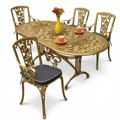 4 Kişilik alüminyum döküm masa sandalye seti, nostaljik ferforje balkon, bahçe mobilyası Renk Gold Altın