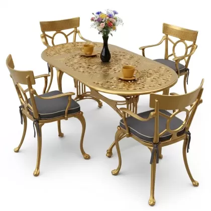 4 Kişilik alüminyum döküm masa sandalye seti, nostaljik ferforje balkon, bahçe mobilyası Renk Gold Altın