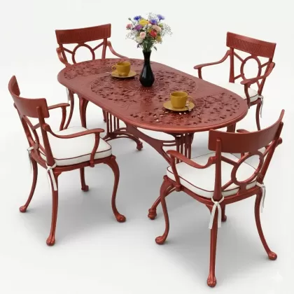 4 Kişilik alüminyum döküm masa sandalye seti, nostaljik ferforje balkon, bahçe mobilyası Renk Kiremit Kırmızısı