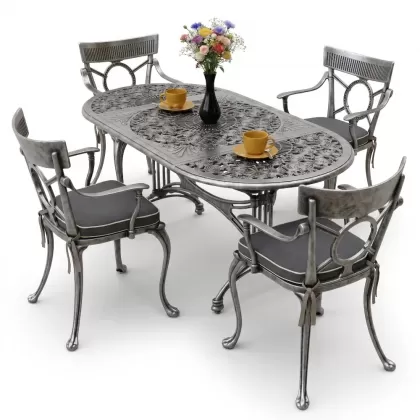 4 Kişilik alüminyum döküm masa sandalye seti, nostaljik ferforje balkon, bahçe mobilyası Renk  Gümüş Silver