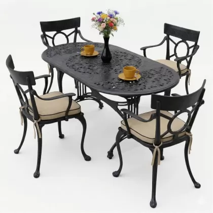 4 Kişilik alüminyum döküm masa sandalye seti, nostaljik ferforje balkon, bahçe mobilyası Renk  Siyah