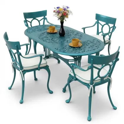 4 Kişilik alüminyum döküm masa sandalye seti, nostaljik ferforje balkon, bahçe mobilyası Renk Turkuaz