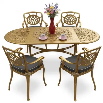 4 Kişilik alüminyum döküm masa sandalye seti, nostaljik ferforje balkon, bahçe mobilyası Renk Gold Altın