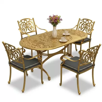 4 Kişilik alüminyum döküm masa sandalye seti, nostaljik ferforje balkon, bahçe mobilyası Renk Gold Altın