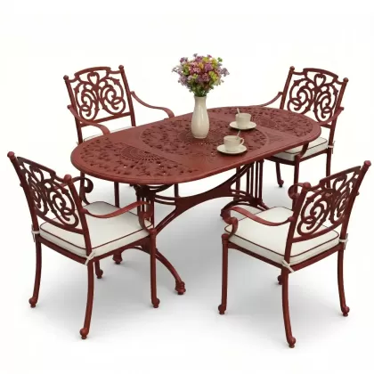 4 Kişilik alüminyum döküm masa sandalye seti, nostaljik ferforje balkon, bahçe mobilyası Renk Kiremit Kırmızısı