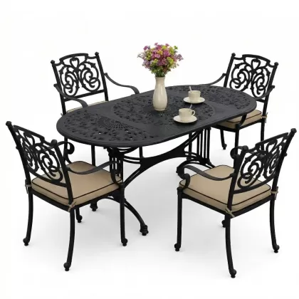 4 Kişilik alüminyum döküm masa sandalye seti, nostaljik ferforje balkon, bahçe mobilyası Renk  Siyah