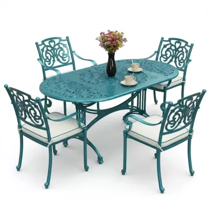 4 Kişilik alüminyum döküm masa sandalye seti, nostaljik ferforje balkon, bahçe mobilyası Renk Turkuaz