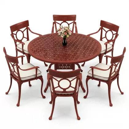 6 kişilik alüminyum döküm masa sandalye takımı ferforje masa takımı Renk Kiremit Kırmızısı