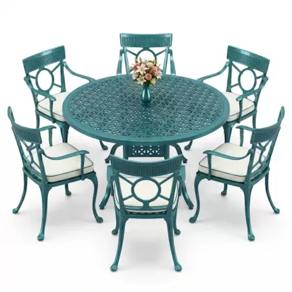 6 kişilik alüminyum döküm masa sandalye takımı ferforje masa takımı Renk Turkuaz