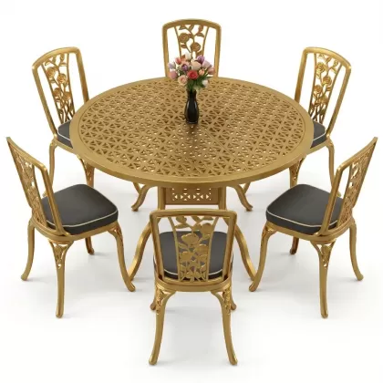 6 kişilik alüminyum döküm masa sandalye takımı ferforje masa takımı Renk Gold Altın