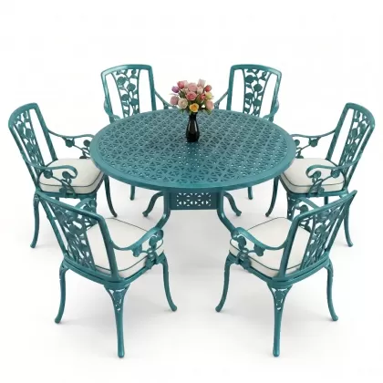 6 kişilik alüminyum döküm masa sandalye takımı ferforje masa takımı Renk Turkuaz