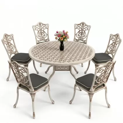 6 kişilik alüminyum döküm masa sandalye takımı ferforje masa takımı Renk Beyaz Eskitme