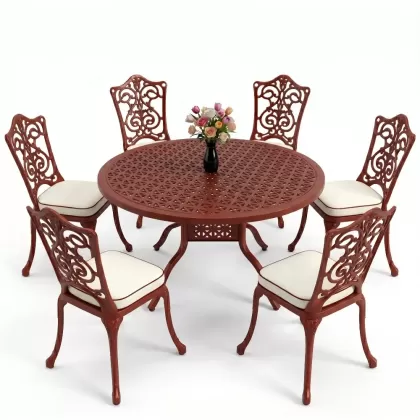 6 kişilik alüminyum döküm masa sandalye takımı ferforje masa takımı Renk Kiremit Kırmızısı
