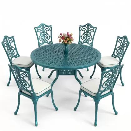 6 kişilik alüminyum döküm masa sandalye takımı ferforje masa takımı Renk Turkuaz