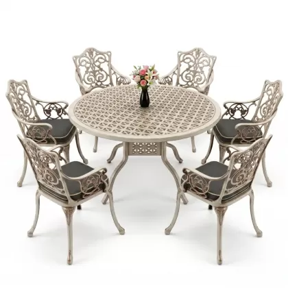 6 kişilik alüminyum döküm masa sandalye takımı ferforje masa takımı Renk Beyaz Eskitme