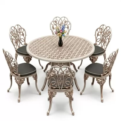 6 kişilik alüminyum döküm masa sandalye takımı ferforje masa takımı Renk Beyaz Eskitme