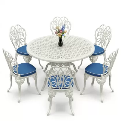 6 kişilik alüminyum döküm masa sandalye takımı ferforje masa takımı Renk Beyaz