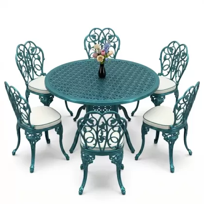 6 kişilik alüminyum döküm masa sandalye takımı ferforje masa takımı Renk Turkuaz